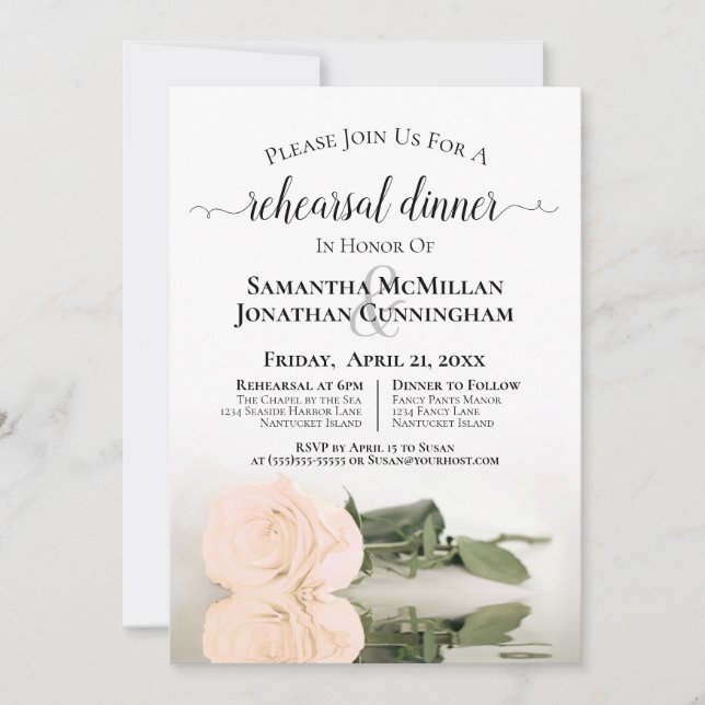 Elegant Ivory Peach Rose Wedding Rehearsal Invitation (Front)
