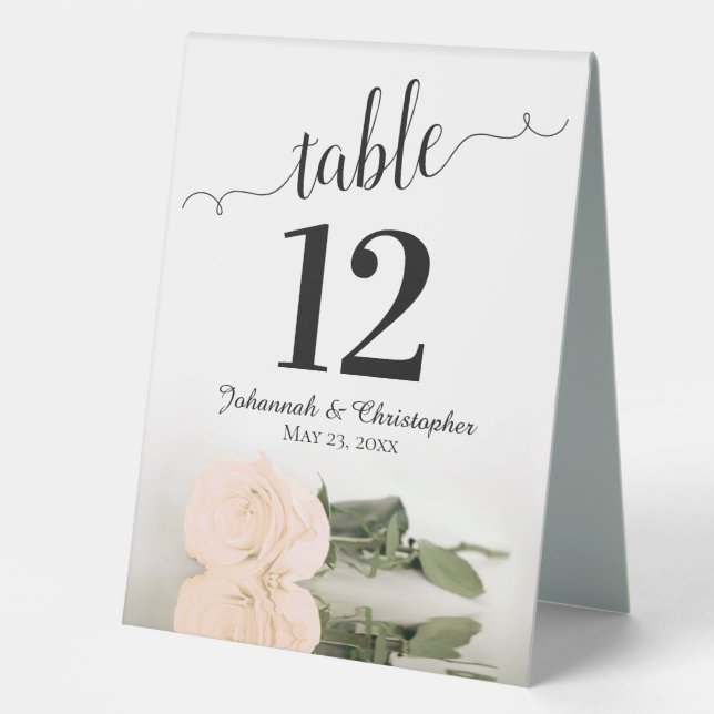Elegant Ivory Peach Rose Wedding Table Number (Front)