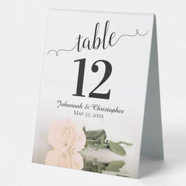 Elegant Ivory Peach Rose Wedding Table Number (Front)