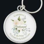 Elegant Ivory Peach Roses Bridesmaid Wedding Keych Key Ring<br><div class="desc">These keychains are designed to give as favours to bridesmaids in your wedding party. They feature a beautiful hand painted watercolor design with a bouquet of ivory peach coloured roses, eucalyptus leaves and greenery, with a white banner across the centre reading: Bridesmaid in elegant moss green script lettering. There is...</div>