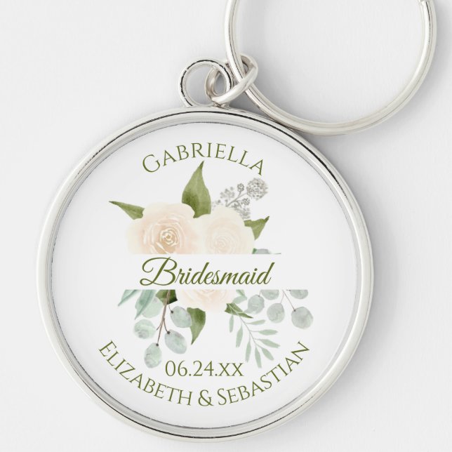 Elegant Ivory Peach Roses Bridesmaid Wedding Keych Key Ring (Front)