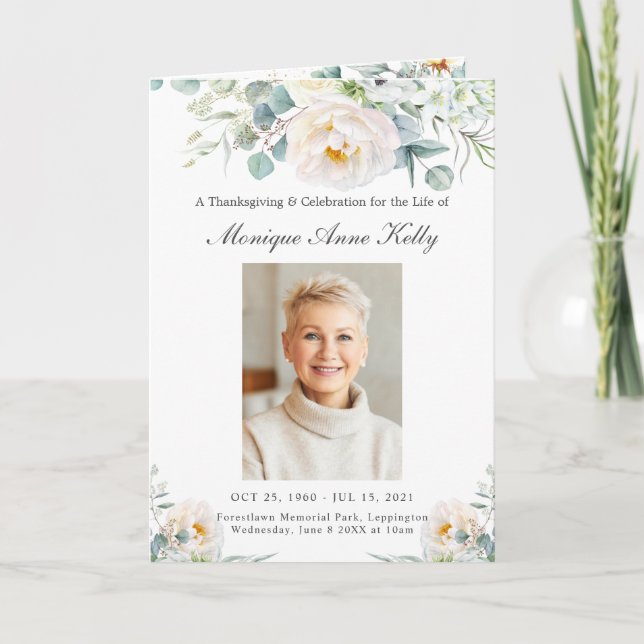 Elegant Ivory Peony Floral Greenery Photo Funeral Programme (Front)