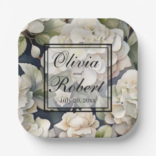 Elegant ivory pink green navy watercolor floral paper plate