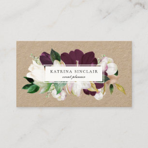 Elegant Ivory Plum Purple Floral Kraft Business Card