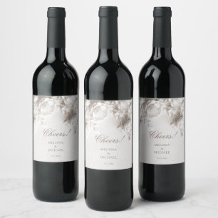 Elegant Ivory Romantic 3D Roses Wedding Wine Label