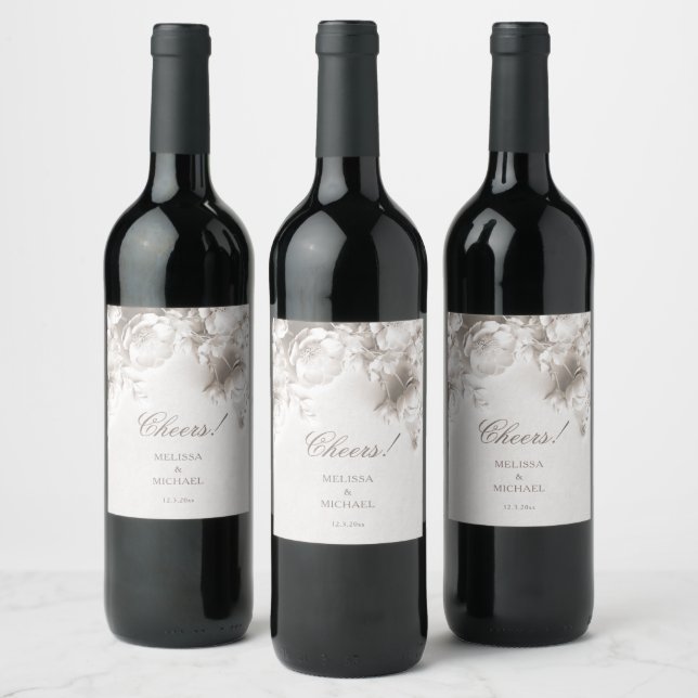 Elegant Ivory Romantic 3D Roses Wedding Wine Label (Bottles)