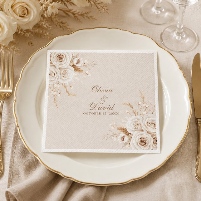 Elegant Ivory Rose Wedding Napkin (Elegant Ivory Rose Wedding Napkin on a wedding dinner table with ivory roses)