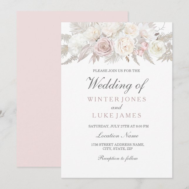 Elegant Ivory & Rose Winter Wonderland Wedding Invitation (Front/Back)