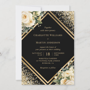 Elegant Ivory Roses Black Gold Floral Wedding Invitation