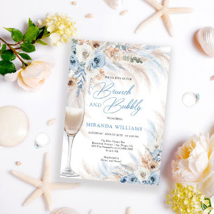 Elegant Ivory Roses Blue Floral Brunch and Bubbly Invitation