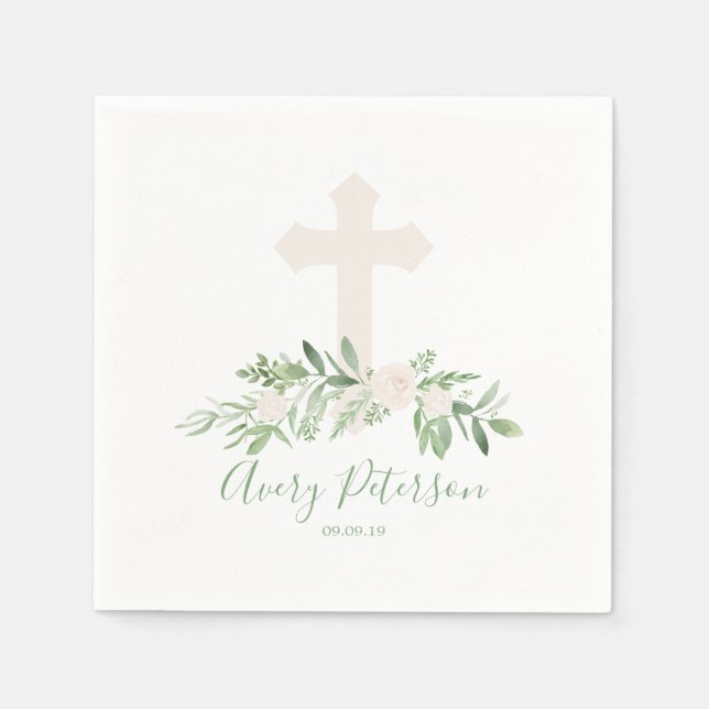 Elegant Ivory Roses Cross First Holy Communion Napkin (Front)