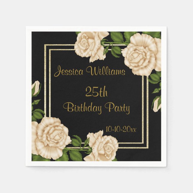 Elegant Ivory Roses & Gold Glitter 25th Birthday Napkin (Front)