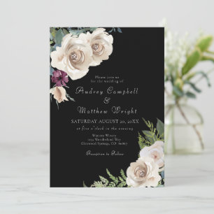 Elegant Ivory Roses on Black Wedding Invitation