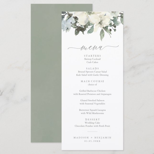 Elegant Ivory Sage Floral Greenery Wedding Menu (Front/Back)