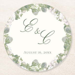 Elegant Ivory Sage Green Floral Monogram Wedding Round Paper Coaster