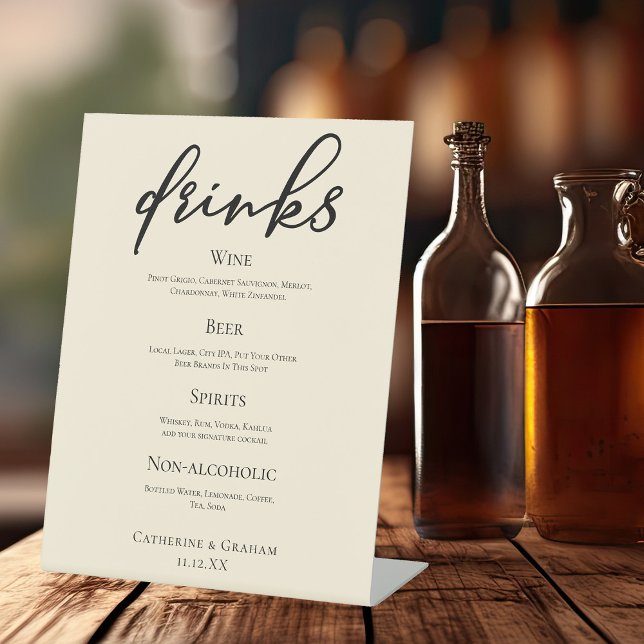 Elegant Ivory Simple Wedding Bar Menu Drinks Pedestal Sign (Creator Uploaded)