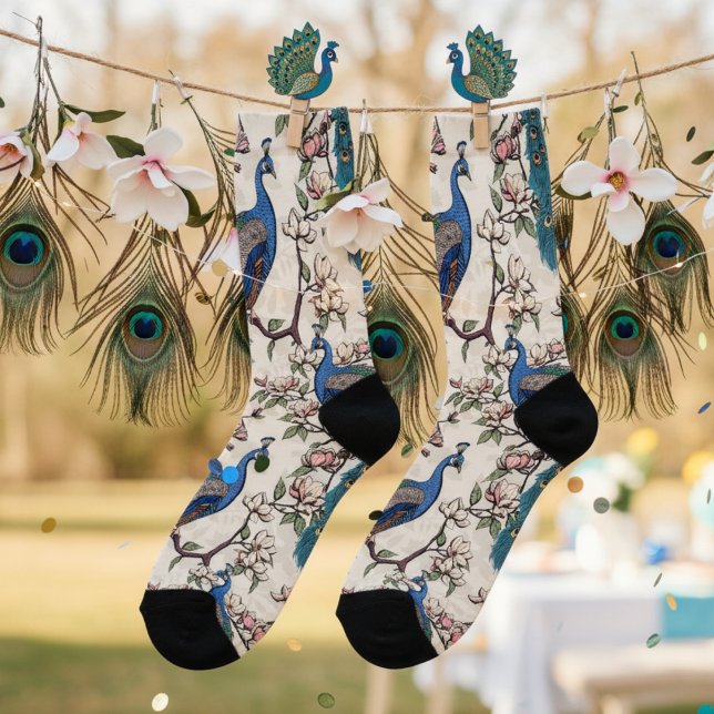 Elegant Ivory Teal Peacocks and Magnolia Flowers Socks (Elegant Ivory Floral Blue Peacock Socks for Her. Teal Feathers & Flowers Vintage Chinoiserie Pattern)