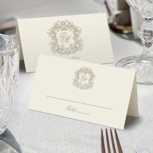 Elegant Ivory Vintage Crest Monogram Wedding Place Card