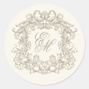 Elegant Ivory Vintage Monogram Crest Wedding Classic Round Sticker