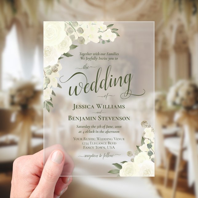 Elegant Ivory White Boho Chic Roses Fancy Wedding Acrylic Invitations (Frosted Acrylic with Rectangle Cut)