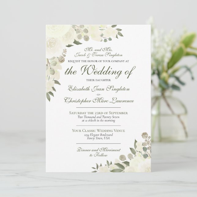 Elegant Ivory White Boho Floral Formal Wedding Invitation (Standing Front)