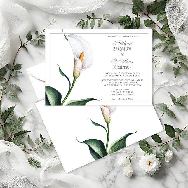 Elegant Ivory White Calla Lily Wedding Invitation (Elegant Ivory White Calla Lily wedding invitation front and back view.)