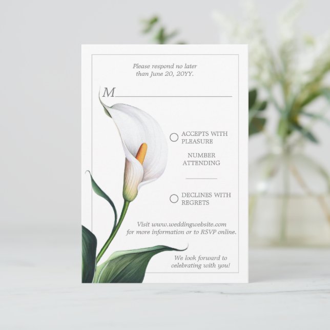 Elegant Ivory White Calla Lily Wedding RSVP Card (Standing Front)