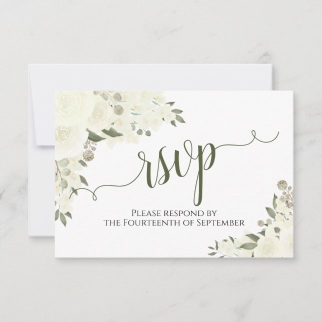 Elegant Ivory White Floral Calligraphy Wedding RSVP Card (Front)