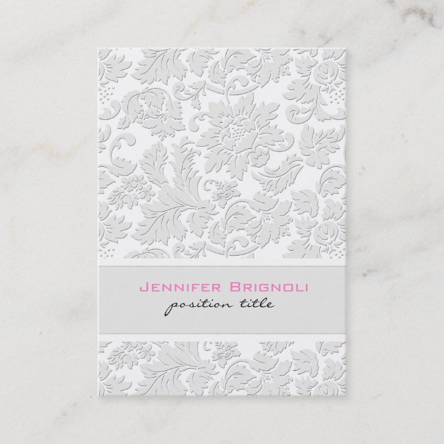 Elegant Ivory White Floral Damasks Embossed Effect Business Card (Front)