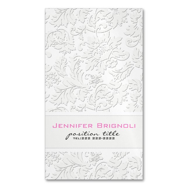 Elegant Ivory White Floral Damasks Embossed Effect Magnetic Business Card (Front Vertical)