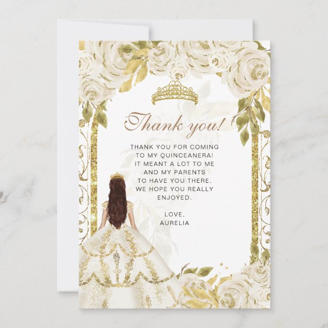 Elegant Ivory White Floral Photo Quinceañera Thank You Card (Front)