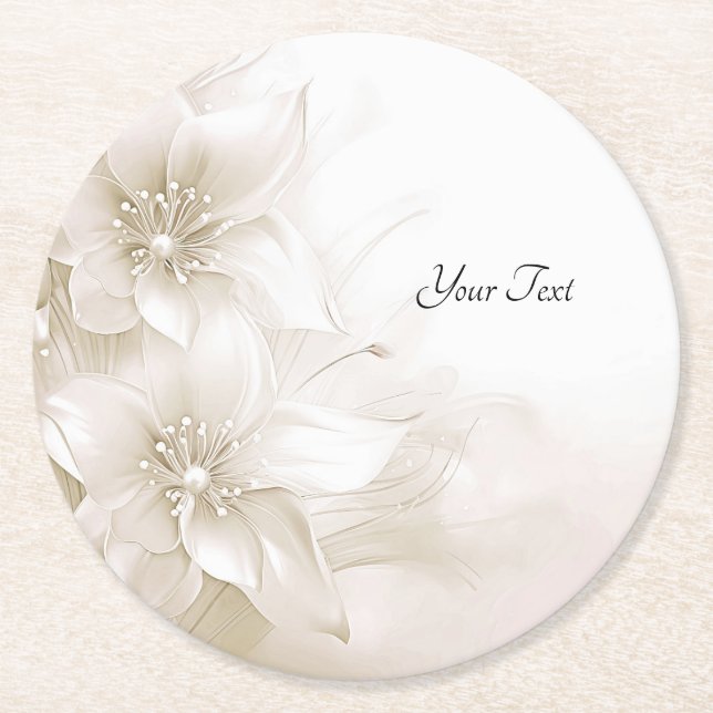 Elegant Ivory White Flowers Paper Coaster (Front)