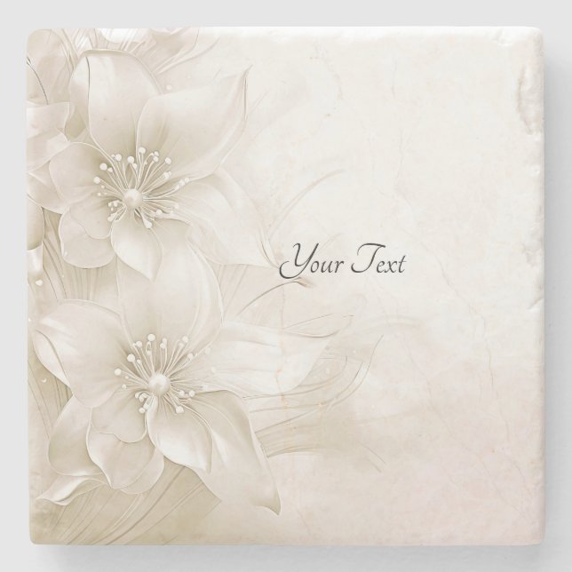 Elegant Ivory White Flowers Stone Coaster (Front)