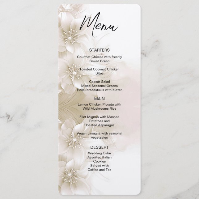Elegant Ivory White Flowers Wedding Menu (Front)