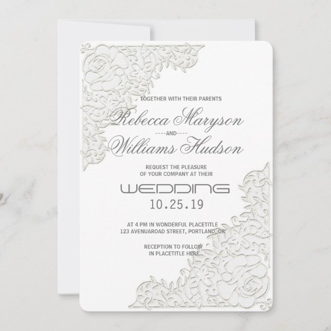 Elegant Ivory White Lace Corner Wedding Invitation (Front)