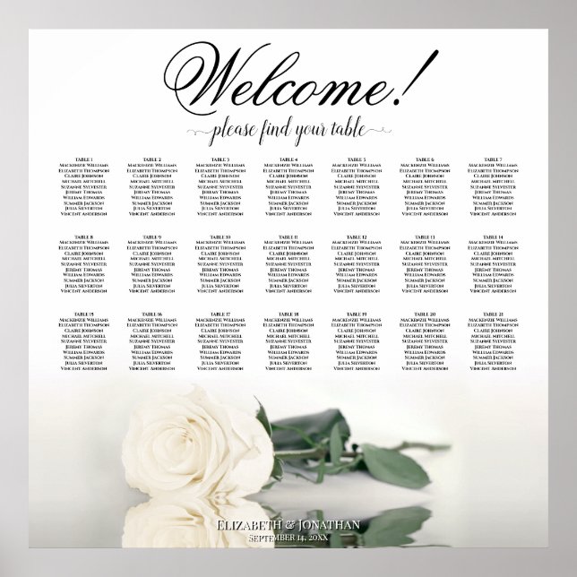 Elegant Ivory White Rose 21 Table Seating Chart (Front)