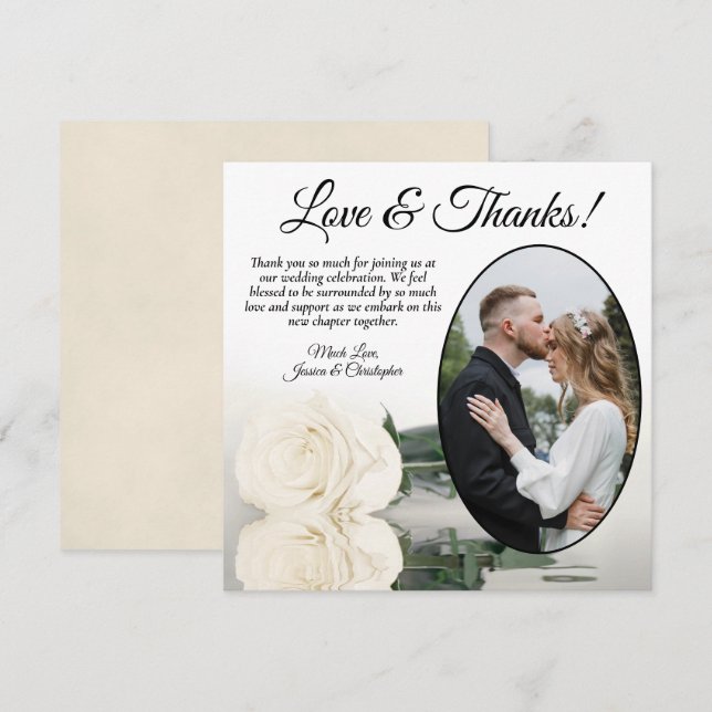 Elegant Ivory White Rose Oval Photo Wedding Thank You Card (Front/Back)