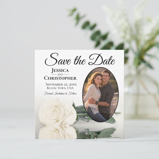 Elegant Ivory White Rose with Oval Photo Wedding Save The Date (Standing Front)