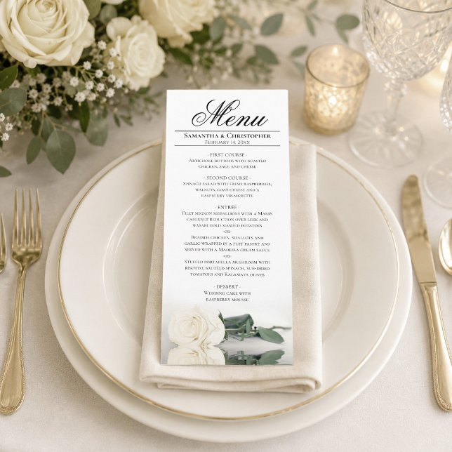 Elegant Ivory White Rose with Reflections Wedding Menu (Creator Uploaded)