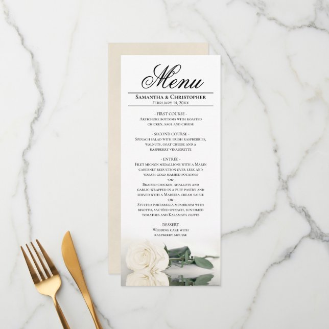 Elegant Ivory White Rose with Reflections Wedding Menu (Front/Back In Situ)