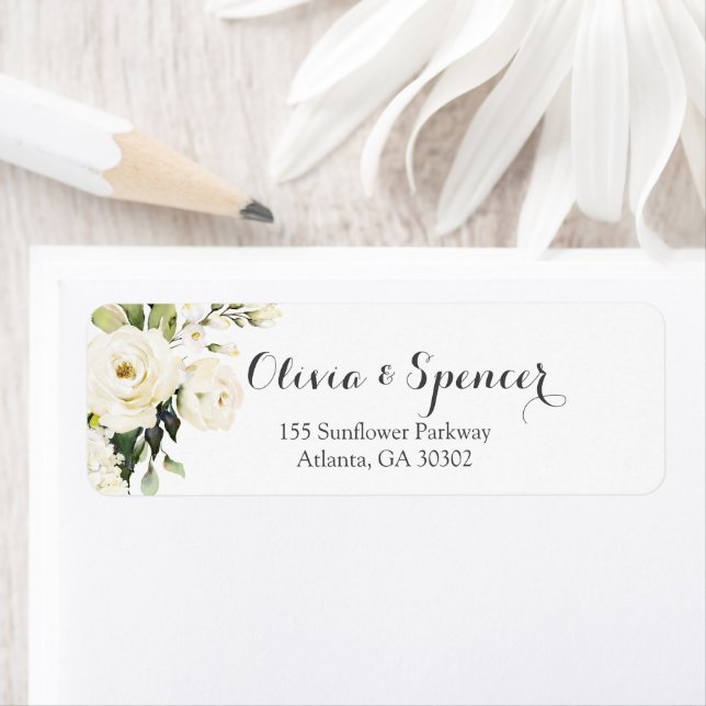 Elegant Ivory White Roses Floral Return Address (Insitu)