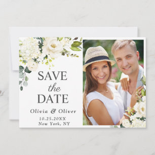 Elegant Ivory White Roses Greenery PHOTO Wedding Save The Date