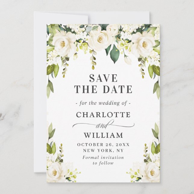 Elegant Ivory White Roses Greenery Wedding Save The Date (Front)