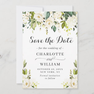 Elegant Ivory White Roses Greenery Wedding Save The Date