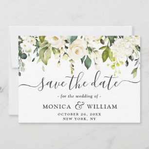 Elegant Ivory White Roses Greenery Wedding Save The Date