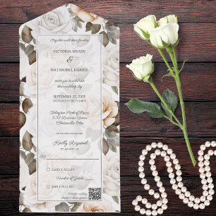 Elegant Ivory & White Roses QR Code  All In One Invitation