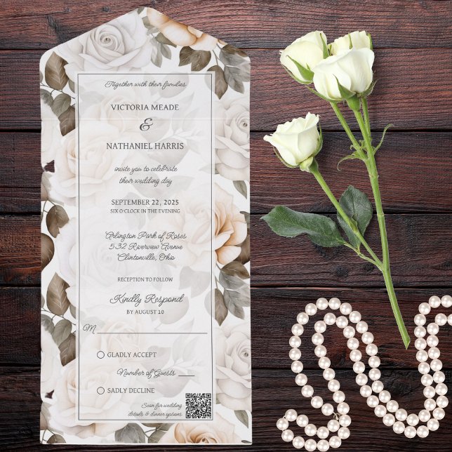 Elegant Ivory & White Roses QR Code  All In One Invitation (Creator Uploaded)