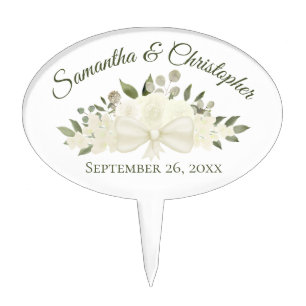 Elegant Ivory White Watercolor Floral Wedding Cake Pick