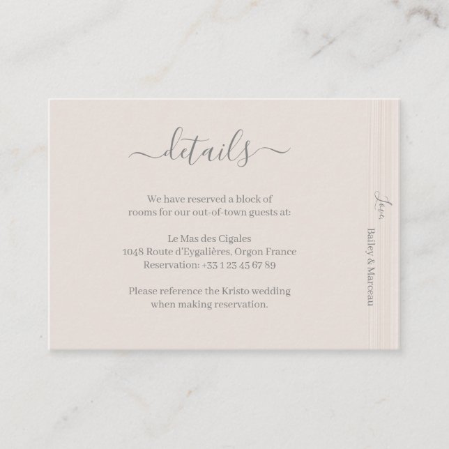 Elegant Ivory White WoodGrain Wedding Hotel Detail Enclosure Card (Front)