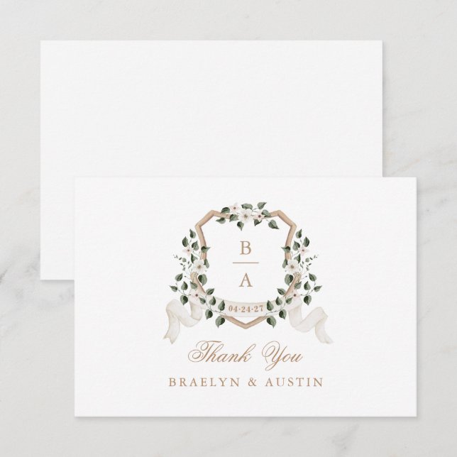 Elegant Ivy Greenery White Floral Wedding Crest Thank You Card (Front/Back)